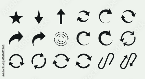 Collection of various black arrow icons and a star symbol on a light gray background, representing direction and action.