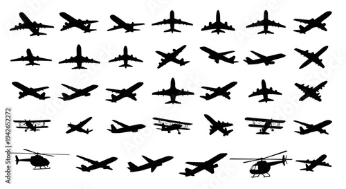 Extensive collection of diverse aircraft icons including airplanes and helicopters from various angles on isolated white background
