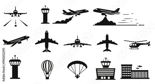 Comprehensive set of aviation and airport related icons including planes, control towers, and air transport elements on isolated white background