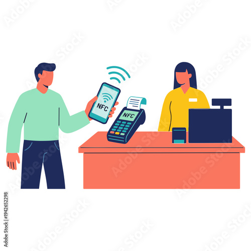 Man makes contactless payment with phone to female shop assistant