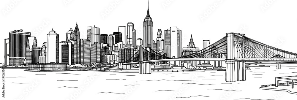 Fototapeta premium A black and white sketch of a city skyline with a prominent suspension bridge