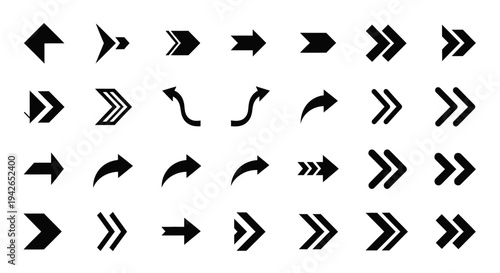 Collection of diverse black arrow icons featuring curved, straight, and double arrows pointing in multiple directions on isolated white background.