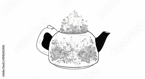 A black and white illustration of a teapot overflowing with abstract, fragmented shapes