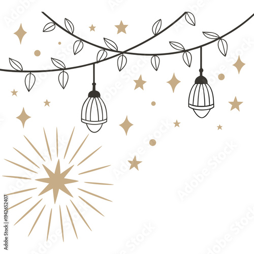 Festive string lights with lanterns and stars on a white background, holiday decoration