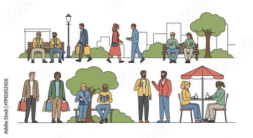 Diverse urban people walking, sitting, and socializing in a lively city park and outdoor cafe setting.