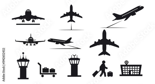 Comprehensive set of black airport and aviation icons including various airplanes, control tower, luggage, and passenger symbols on isolated white background.