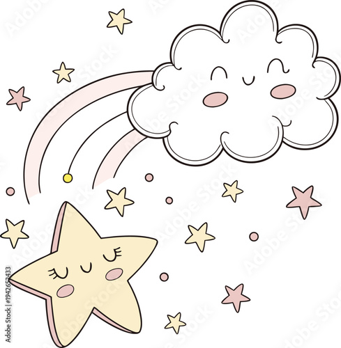 Cute cartoon star and smiling cloud with rainbow vector illustration