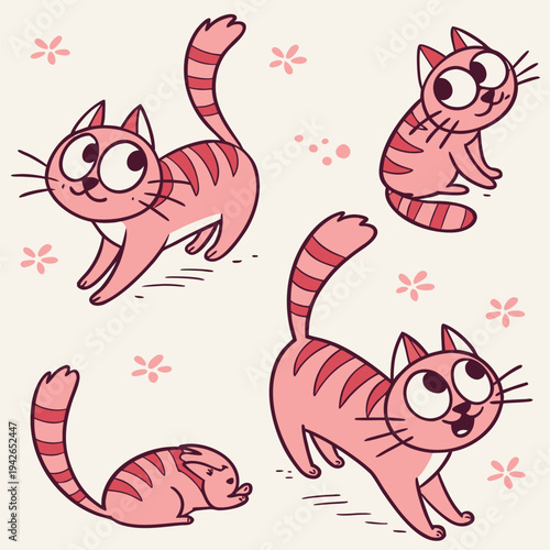 Set of 4 pink cartoon cats vector