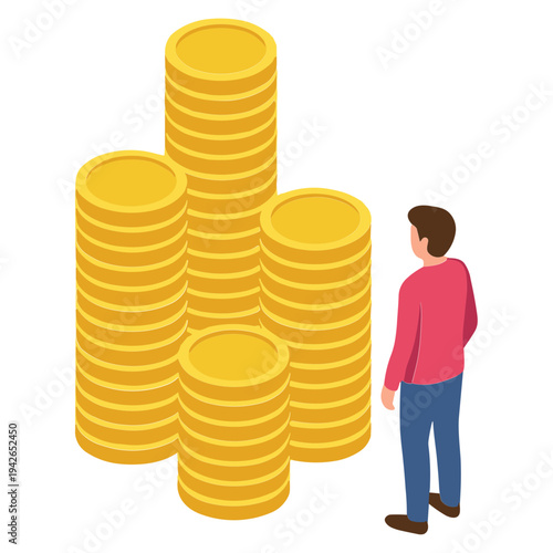 A man stands next to large stacks of gold coins in an illustration.