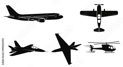 Collection of black aircraft silhouettes including passenger airplanes, fighter jets, and helicopters on isolated white background.