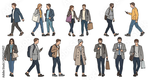 Diverse group of men and women walking and using smartphones in an urban setting, with outlines, on isolated white background.