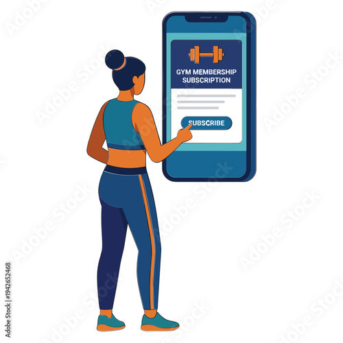 Woman subscribing gym membership on smartphone screen interface
