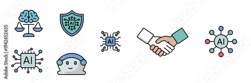 AI ethics balance and collaboration icons – Suitable for tech social issues, safety guides, or presentations.
