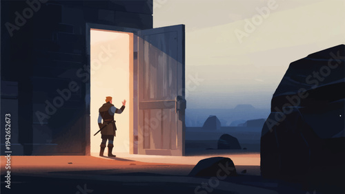 Illustration Of A Person Approaching A Mysterious Light Gate Standing In The Middle Of The Open Air Vector Design Template