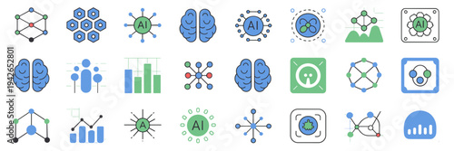 AI data science and dataset node icons – Suitable for big data analytics, tech blogs, or programming.