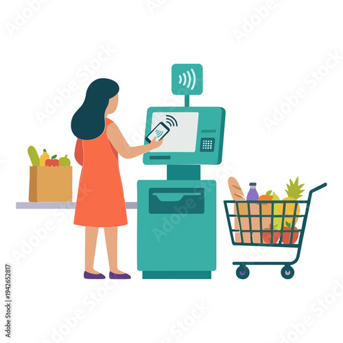 Woman scans groceries at a self-service checkout with a shopping cart and bag