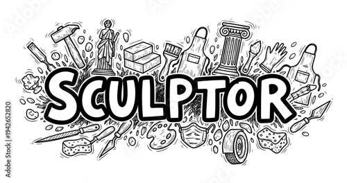 Sculptor tools and symbols in black and white sketch design