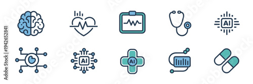 AI medical monitor and health data icons – Suitable for telemedicine, pharmacy apps, or wellness.