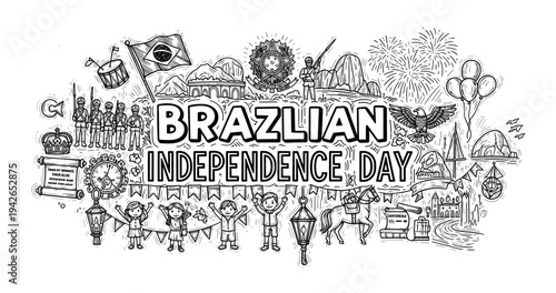 Brazilian independence day celebration illustration with cultural symbols and landmarks