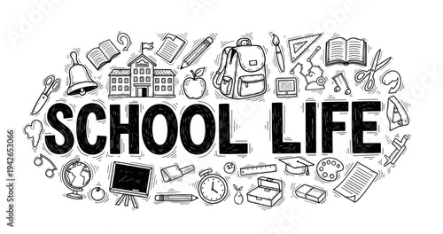 Doodle illustration of school life with educational icons
