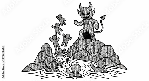 A horned devil stands on a rocky outcrop, pushing tiny people into water