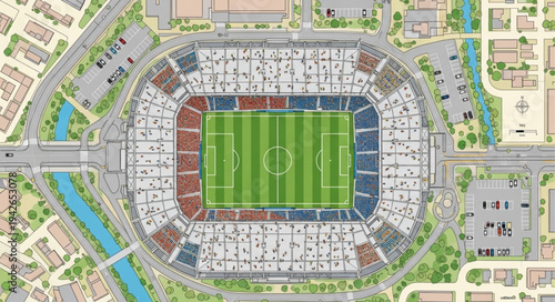 Aerial View of a Soccer Stadium with Green Field.