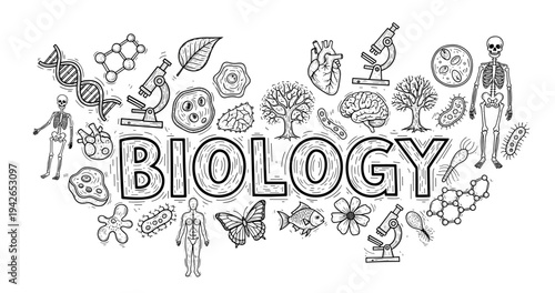 Biology elements with dna, microscopes, cells, and organisms in black and white design