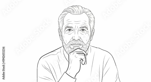 A sketch of an older man with a beard, chin resting on hand, looking forward