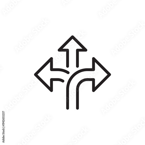 Minimal road direction line icon showing multiple route arrows representing navigation decisions, crossroads and route planning systems.