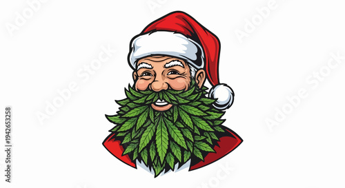 A smiling Santa Claus with a beard made of green leaves