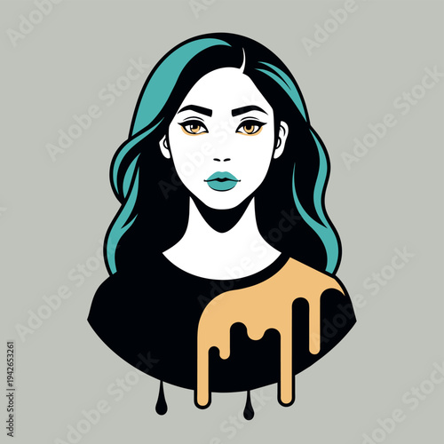 A fashion illustration vector drawing of a brunette glamour model lady features a stylish hairstyle with artistic makeup on her face and eyes in a beauty portrait of a girl