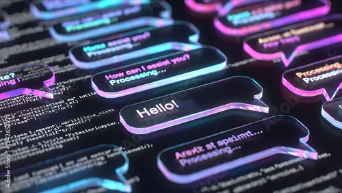 Multiple AI Chatbot Conversation Bubbles with Processing Prompts Over Code Background for Generative AI Application Design