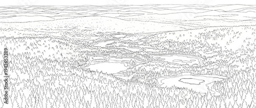 A vast aerial view sketch of a dense forest with multiple serene lakes