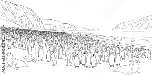 A vast colony of penguins and seals gathers on a rocky, icy shore