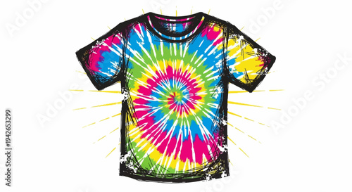 Vibrant tie-dye t-shirt design with radiating yellow lines