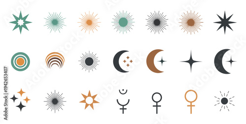 Minimalist celestial icons collection featuring sun moon stars and planetary astrology symbols in boho earthy colors