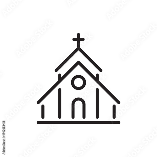 Minimal church building line icon representing Christian religious architecture and spiritual landmarks. Suitable for cultural, religious and travel related designs.
