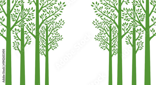 Symmetrical green trees border frame design with central copy space for nature ecology and woodland background themes