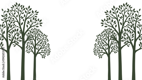 Dark green tree silhouettes framing an empty white space for natural ecology backgrounds and environmental graphic templates