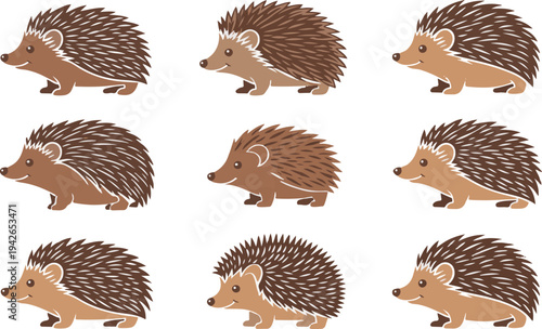 Nine cartoon hedgehogs in different poses and colors on white background