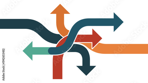 Colorful intersecting arrows pointing in multiple directions representing complex business decisions and chaotic networking concept