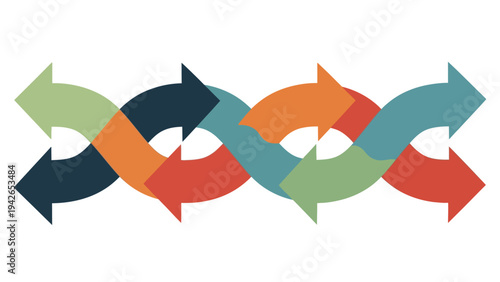 Braided colorful arrows moving in opposite horizontal directions showing continuous process and data flow exchange