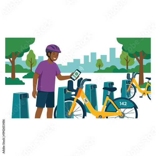 Man in purple shirt and helmet using phone near yellow bicycles in city park