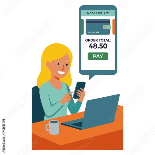 Woman sitting at desk uses smartphone and laptop to make online payment