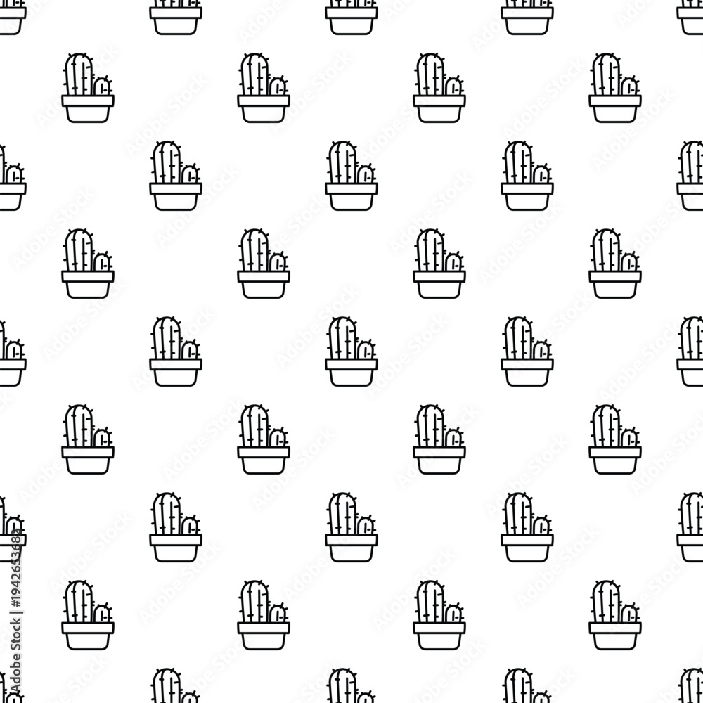 Fototapeta premium Cactus plants in small pots forming a seamless repeating pattern on a white background