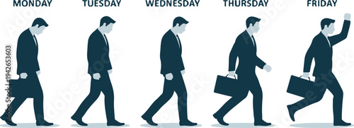 Businessman walking through days of the week with different poses and emotions  Monday to Friday