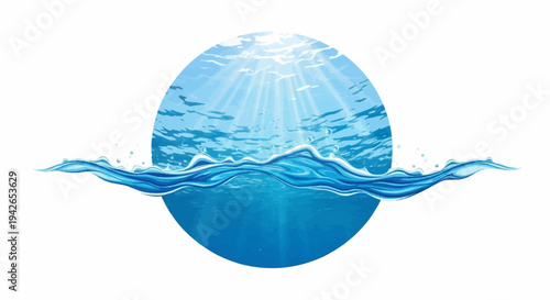 Sun rays pierce blue water, creating rippling waves and bubbles