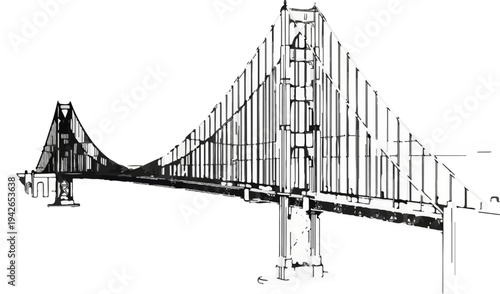 A stylized, black and white illustration of a large suspension bridge