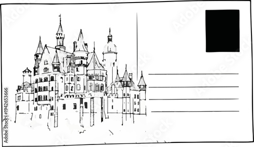A fairytale castle, sketched in monochrome, dominates the left side of a blank postcard