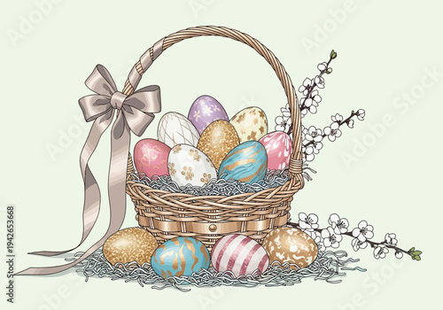 Elegant illustration of a wicker basket filled with beautifully decorated Easter eggs, adorned with a ribbon and spring blossoms, perfect for holiday celebrations and seasonal joy